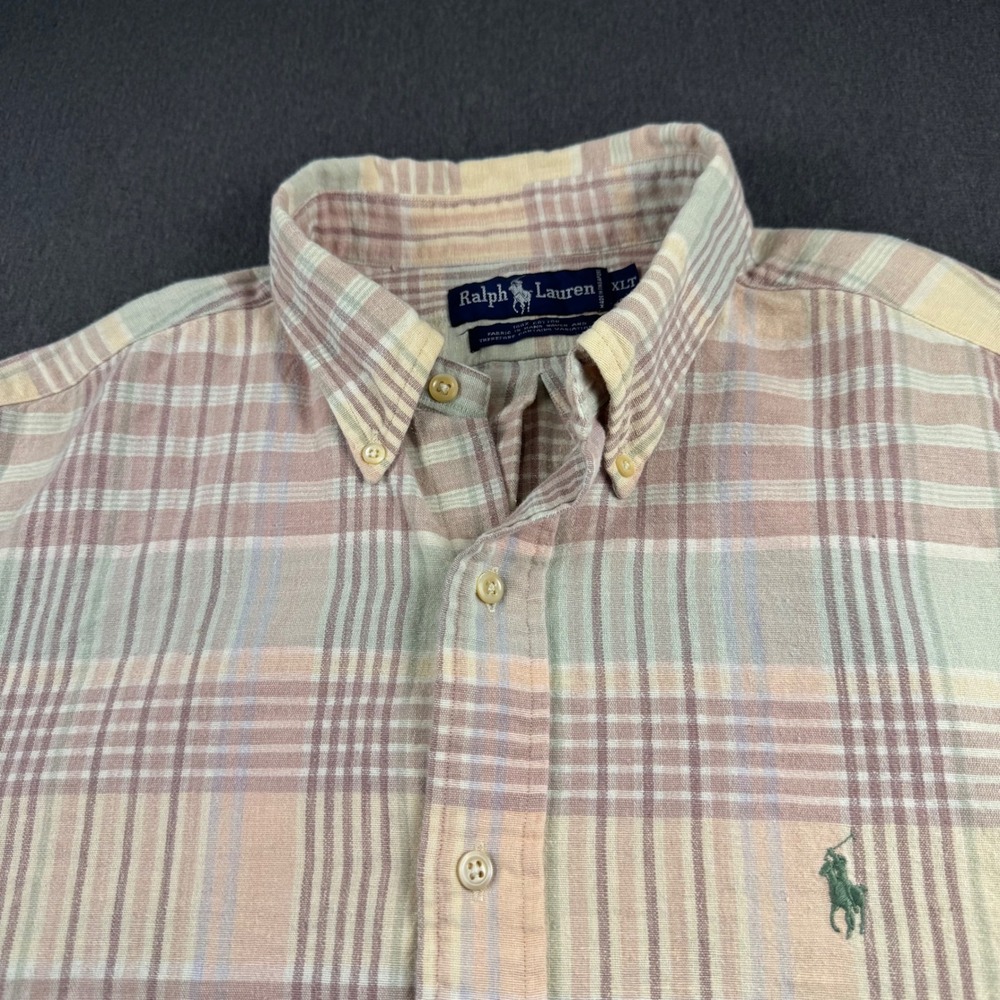 Ralph Lauren Mens XLT Plaid Button Down Shirt Short Sleeve Cotton Hand Woven Tan